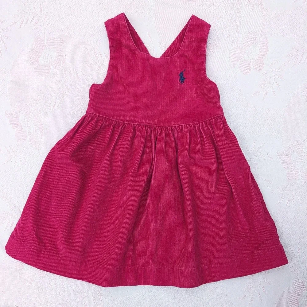 Ralph Lauren Baby Girls Corduroy Pinafore Dress 3-6 Month Pink Button Back Pony
